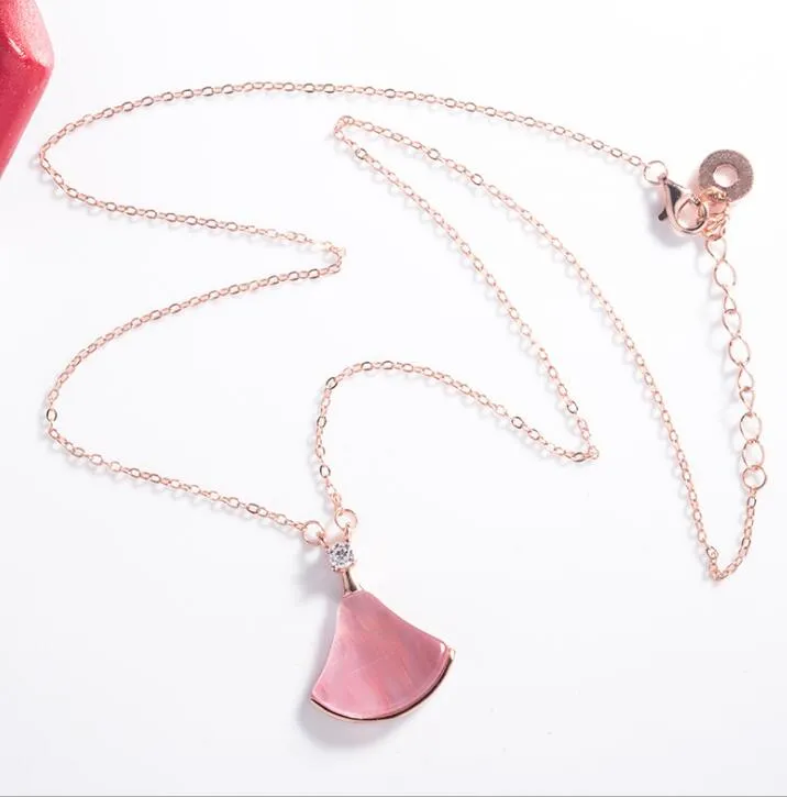 Solid 925 Sterling Silver Fan Shaped Pendant Necklace Black Agate Pink Opal Women Collarbone Necklaces Jewelry253k