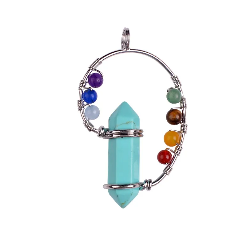 7 Chakra Healing Crystal Hexagon Pointed Necklace Divinity Metaphysical Spirit Green Balance Silver Owl Alloy Gemstone J171Q