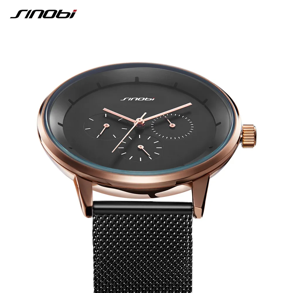 Модные кварцевые мужские часы SINOBI, лучший бренд класса люкс, бизнес, высокое качество, сплав, тонкий сетчатый ремешок, повседневные часы-неделя, календарь, Watch245R