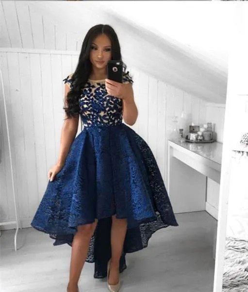New Navy Blue Cocktail Dresses 2019 Arabic Dubai Style High Low Lace Formal Club Wear Homecoming Prom Party Gowns Plus Size Custom240t