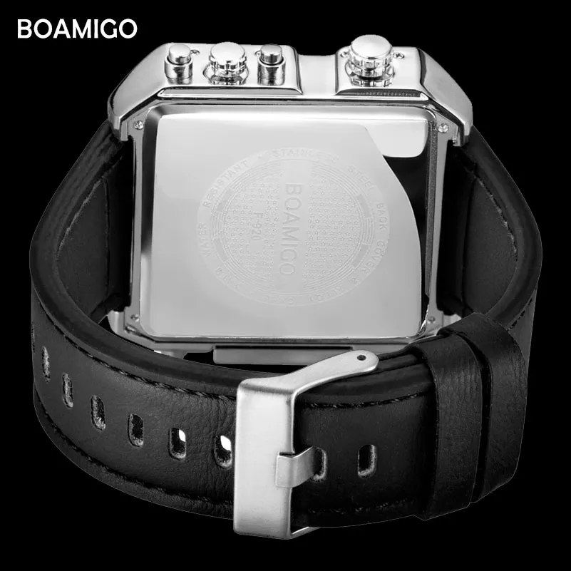 BOAMIGO marca relógios esportivos masculinos 3 fuso horário grande homem moda militar LED relógio de couro relógios de pulso de quartzo relogio masculino CJ19215s