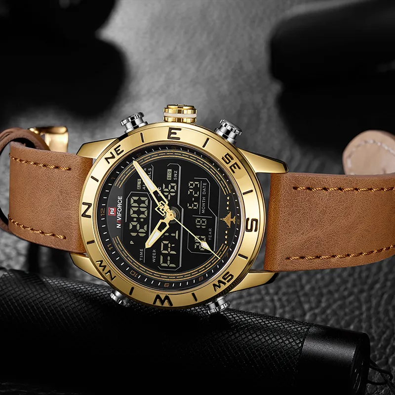 Мужские часы NAVIFORCE, лучший бренд, роскошные кожаные спортивные наручные часы, мужские водонепроницаемые военные кварцевые цифровые часы relogio masculino241n