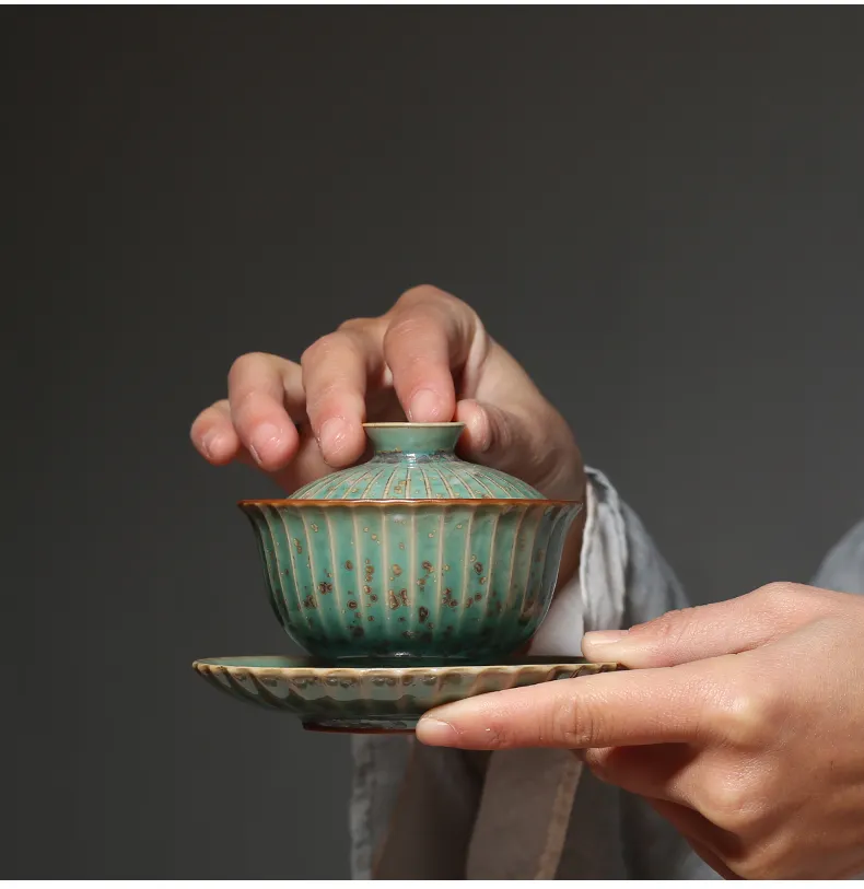 Винтажная глазурь для смены печи Gaiwan, 100 мл, зеленые керамические чайные чаши с крышкой, большая чашка для чая Пуэр, супница для чая, аксессуары для чайных чашек264A