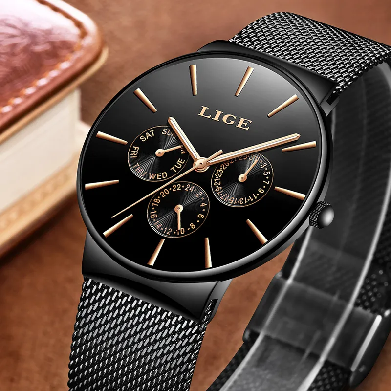 Mens Watches Lige Top Brand Luxury Waterproof Ultra Thin Date Clock Male Steel Strap Casual Quartz Watch Men Sports Wrist Watch Y13153