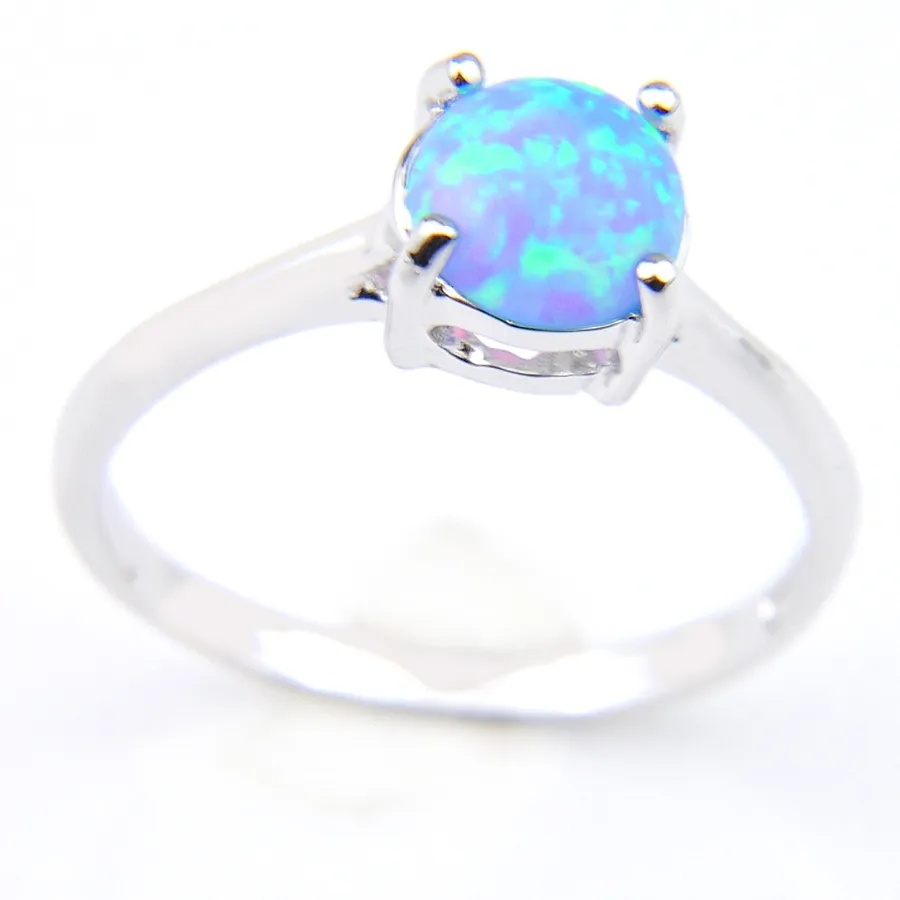 Luckyshine Valentin Gift Round Blue White Fire Opal Gemstone Ring 925 STERLING Silver plaquée Anneau de mariage J2560