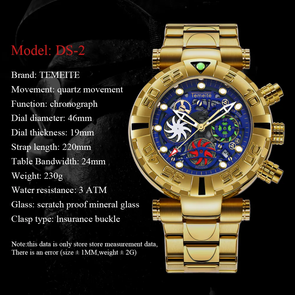 Temeite Uhren Männer Business Casual Goldene Kreative Hohl Quarzuhr Wasserdicht Militär Armbanduhren Männlich Chronograph Clock208R