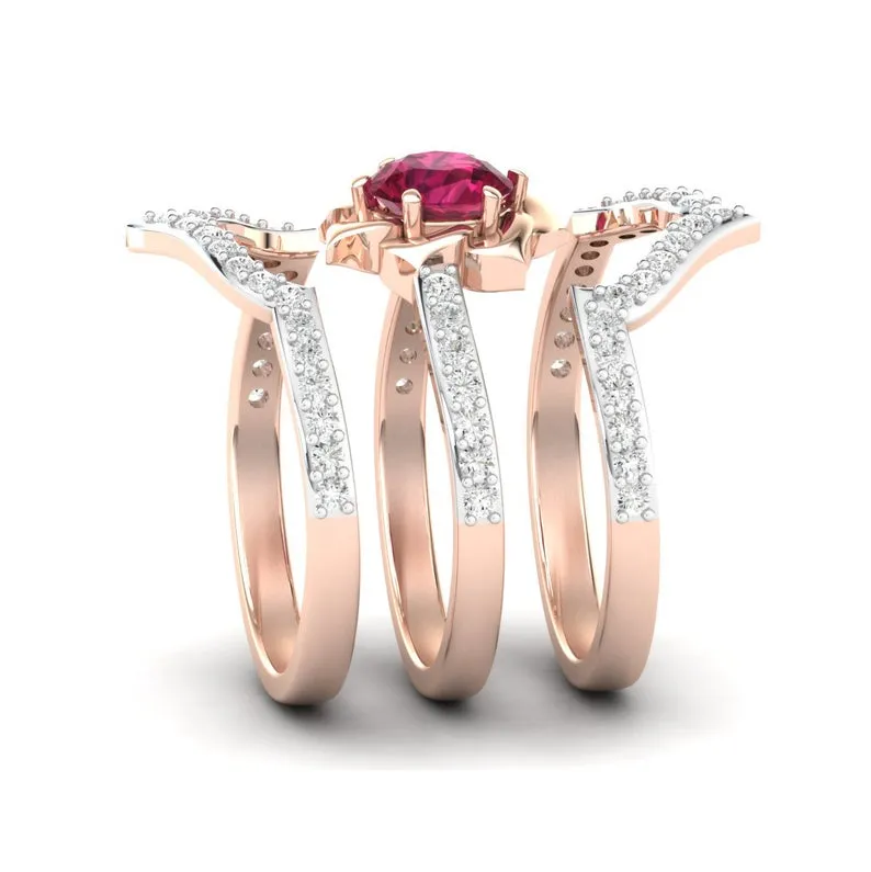 3-delige set prachtige 18K Rose Gold Ruby Flower Ring verjaardag voorstel sieraden vrouwen Engagement Wedding Band Ring Set verjaardag Par2857