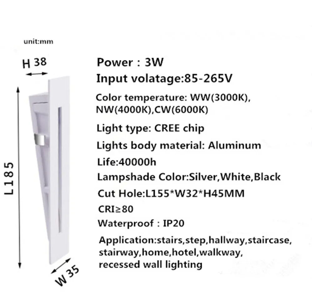 retangle luci da incasso a pavimento a led 3w terrazza illuminazione scale led passo luce lampada da incasso a parete interni lampada ac100240v bianco nero 2944