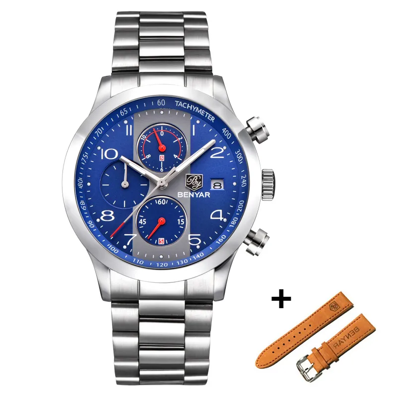 BENYAR New Fashion Cronografo Orologi sportivi Set Cinturino in pelle da uomo Marca Orologio al quarzo blu Orologio Relogio Masculino Reloj Hombre2776