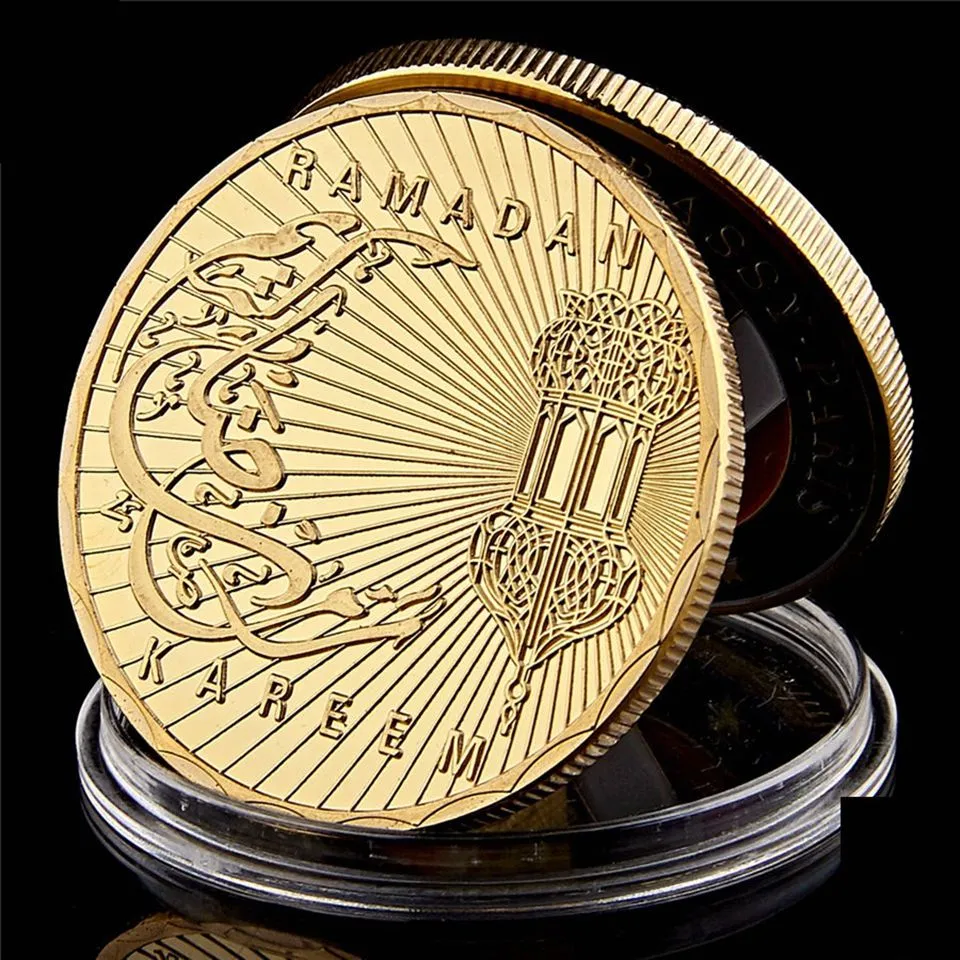 Ramadan Kareem Oktagonal S arabisch islamisch goldplattiertes Sammelmünzen Urlaubsgeschenk mit runden Case4115391