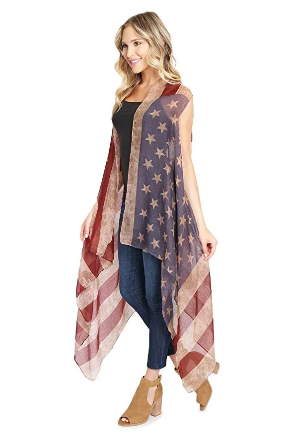 American Flag Cardigan scarf July 4th USA Stars and Stripes Pattern Patriotic Lightweight Shawl Open Beach Kimono Vest2156