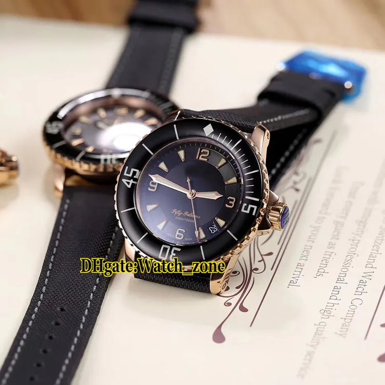 2 cores novo 5015-3630-52 Fifty Fathoms 50 Fathoms Black Dial Miyota 8215 Automatic Mens Watch Rose Gold Case Leather Strap Watches249V