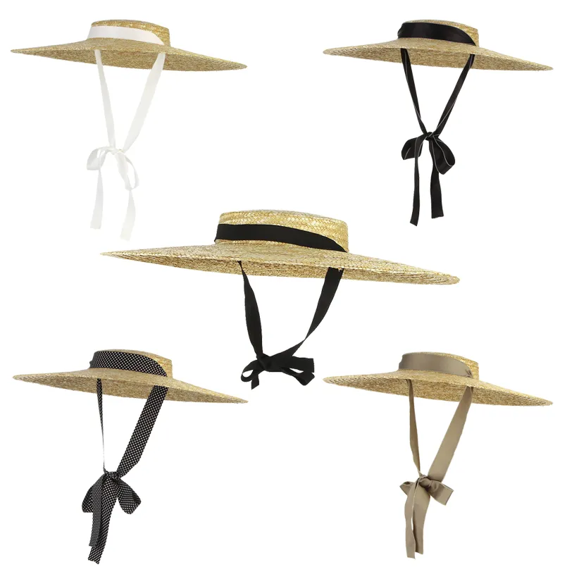 Neue große Krempe Strohhut Sommerhüte für Frauen Band Strandkappe Boater Flat Top Sun Hat235W