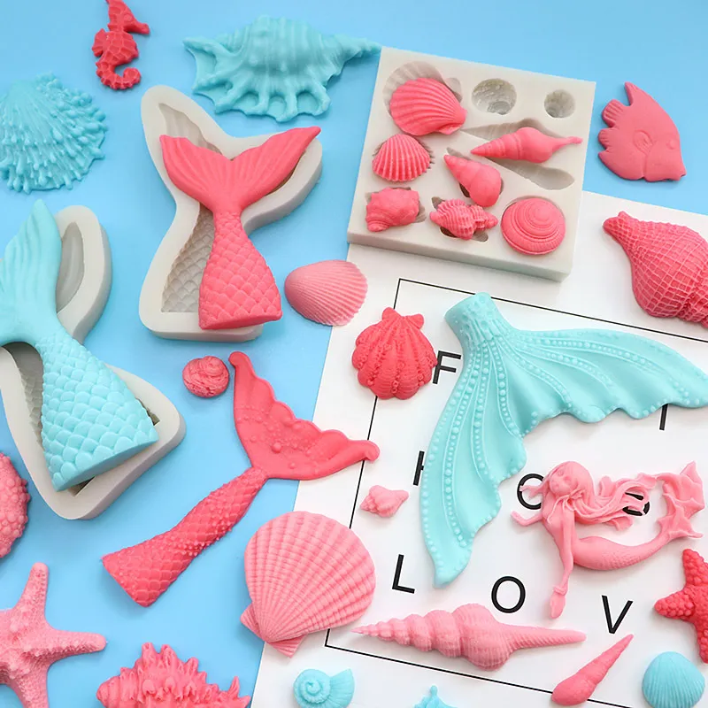 Mermaid silicone mold chocolate ocean cake decoration fondant fish tail shell starfish ice cream cake soap mould