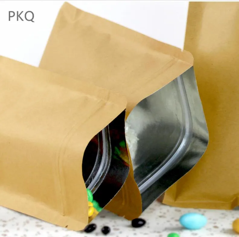 Small Kraft Paper Bag Inner Aluminum Foil Pouch Reusable Flat Packaging Zipper Bag268Z
