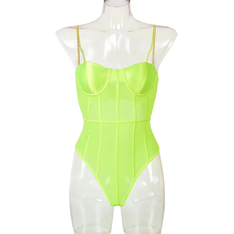 Neon Green Mesh Transparante Bodysuit Sexy Dames Backless Striped Mouwloze Overalls Party Mode Spaghelti Riem Rompertjes 210517