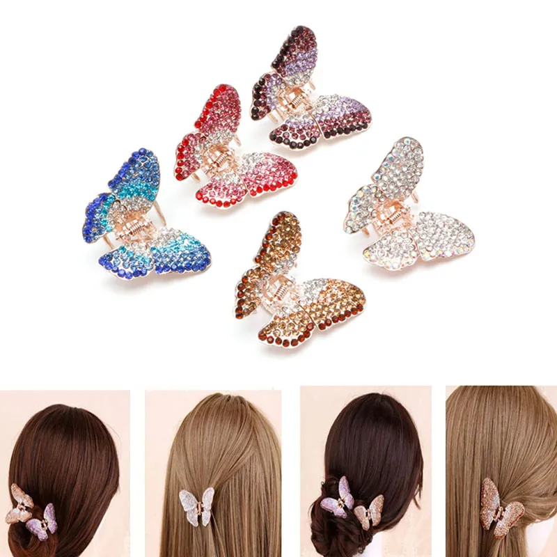 Elegante feminino menina borboleta garra cristal presilhas strass grampo de cabelo braçadeira hairpin jaw206a