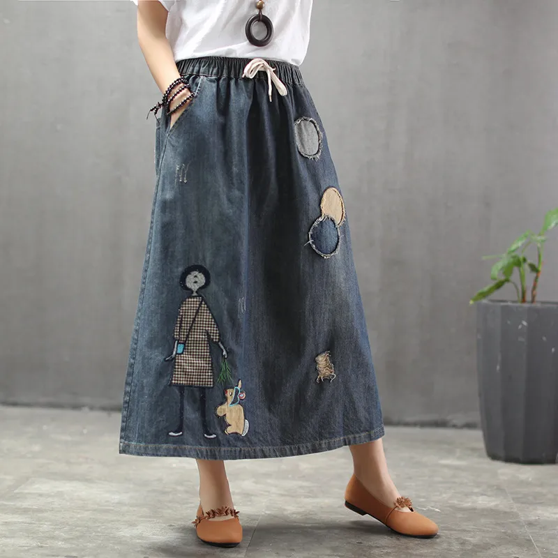 Style ethnique rétro imprimé petite fille lapin jupe en jean femme patch taille élastique jupe MX200327