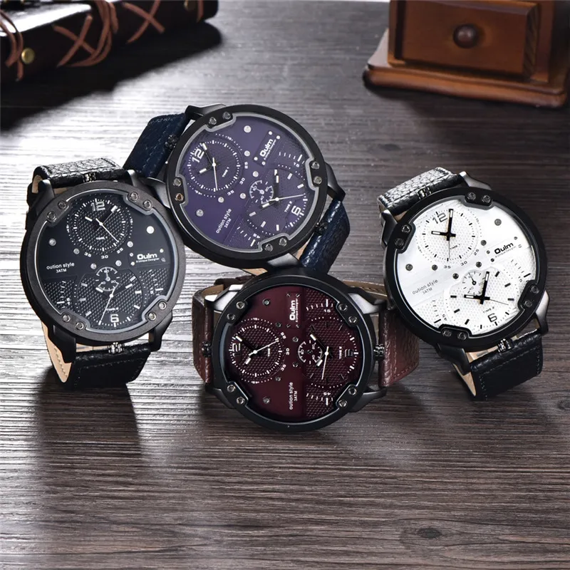 Oulm duże zegarki dla mężczyzn wiele strefy czasowej sportowy kwarc zegar męski swobodna skóra dwa projekty luksusowe marki męskie wiswatch ly242l