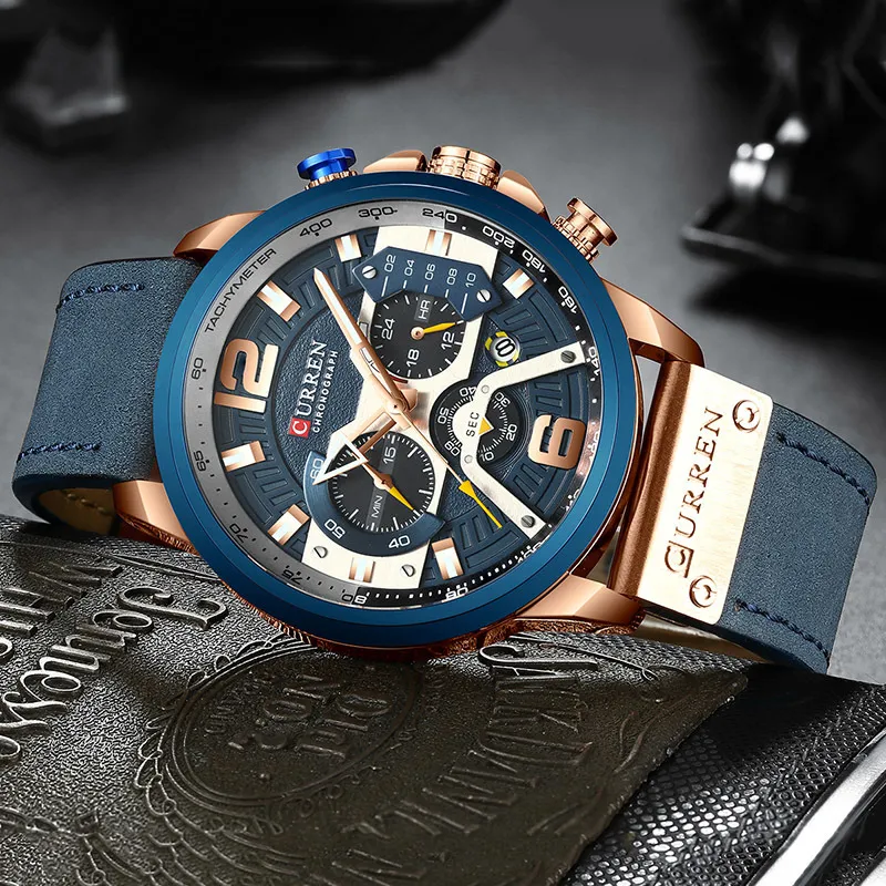 Curren Mens Watches Top Brand Luxury Chronograph Men Watch Leather Luxury Waterproof Sport Watch Men Man Clock Man Wristwatch T19246o