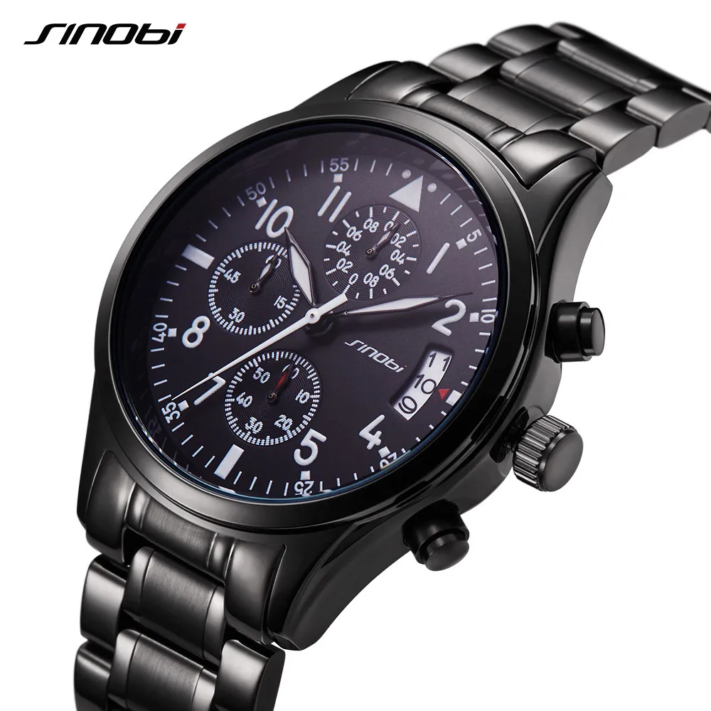 SINOBI montres hommes étanche en acier inoxydable de luxe pilote montres chronographe Date Sport plongeur Montre à Quartz Montre Homme219R