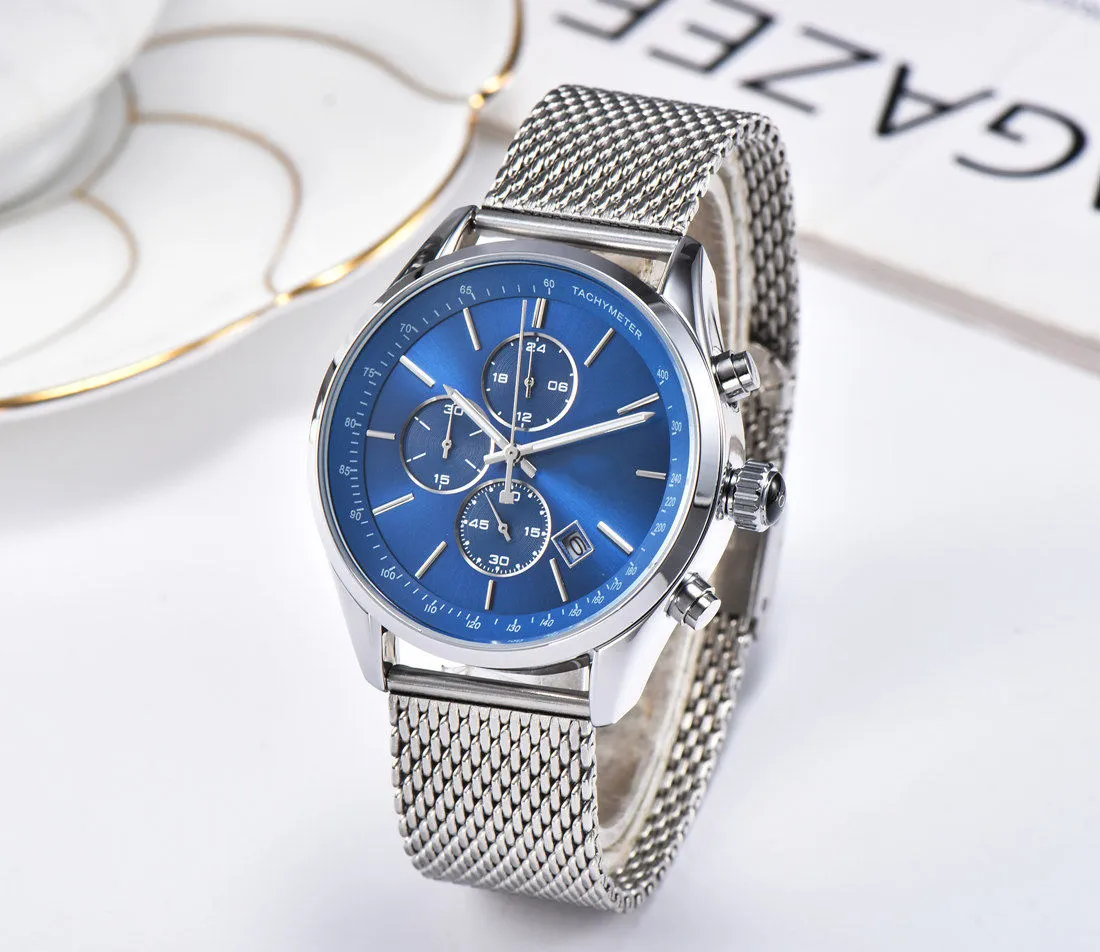 2021 Luxury Mens Watches All Pointer Work Functional Chronograph Quartz Watch rostfritt stål Rem Waterproof Designer Stop Watch258Q