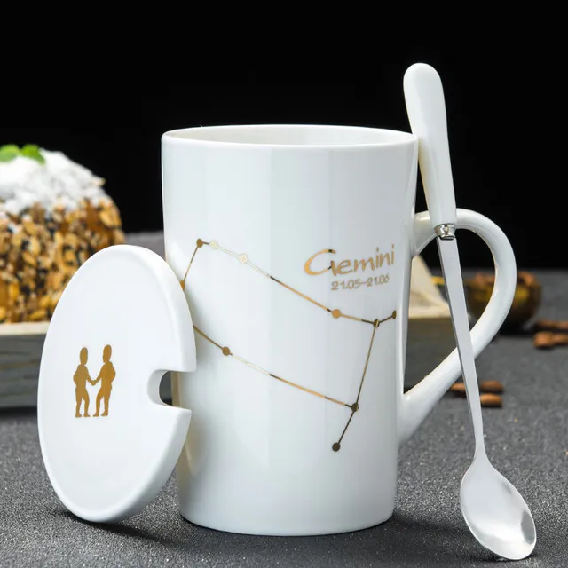 12 Costellazioni Tazze in ceramica creative con coperchio a cucchiaio Tazza da caffè al latte zodiacale in porcellana bianca 450ML Bicchieri d'acqua218c