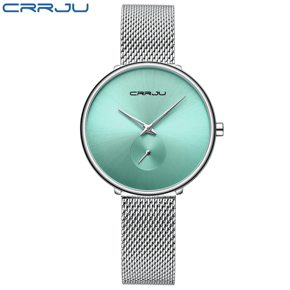 Mode femmes montre de luxe CRRJU décontracté Simple dames robe quotidienne maille montre-bracelet minimaliste étanche Quartz femme Clock269N