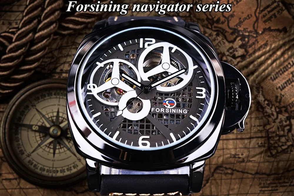 Forsining relógio preto completo esqueleto caso moinho de vento designer camurça cinta militar relógio masculino marca superior luxo automático pulso w279v
