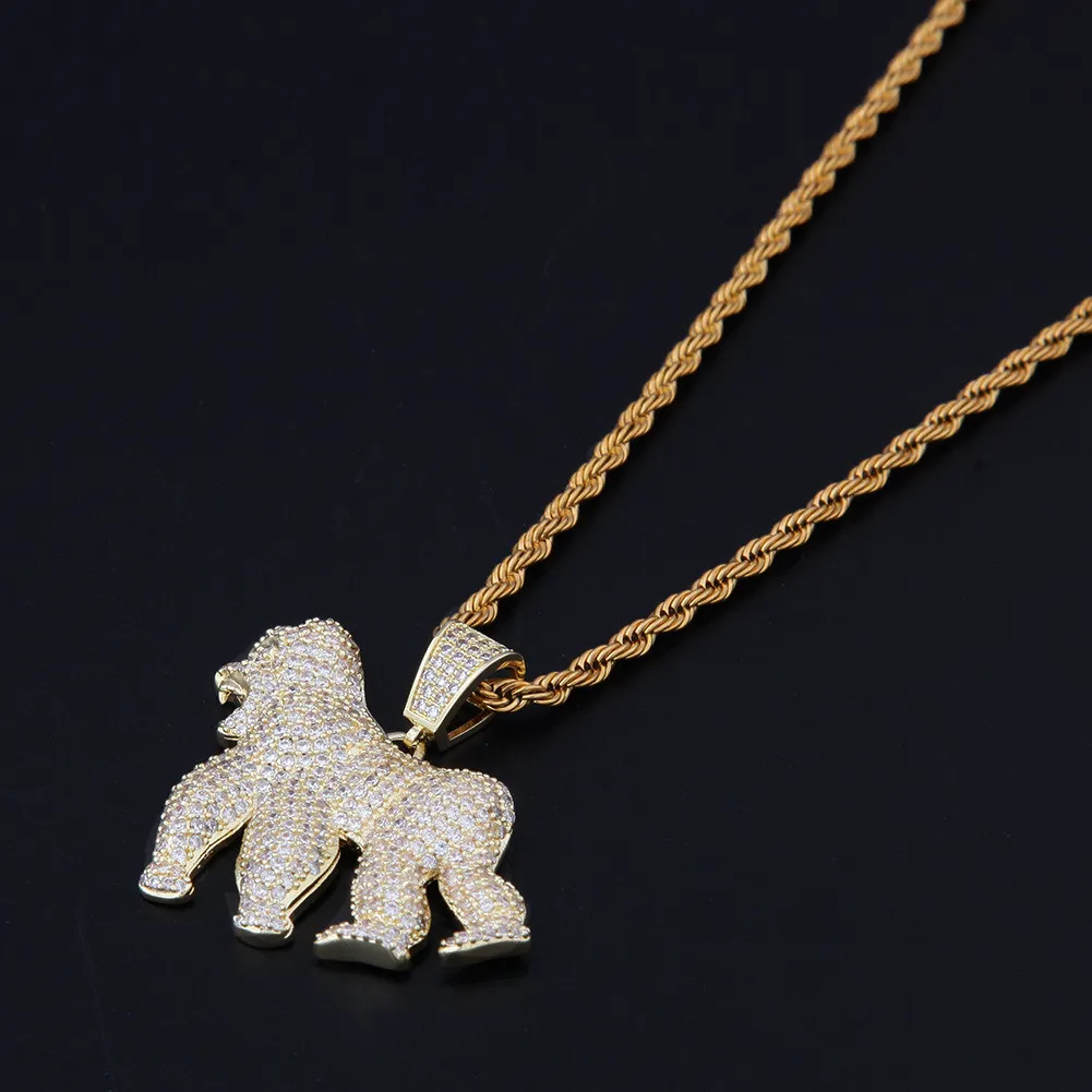 Хип-хоп 14-каратное позолоченное ожерелье с подвеской в виде гориллы Iced Out, весь циркон, латунь, золото, посеребрение, очаровательное ожерелье с животными для мужчин, женщин316j
