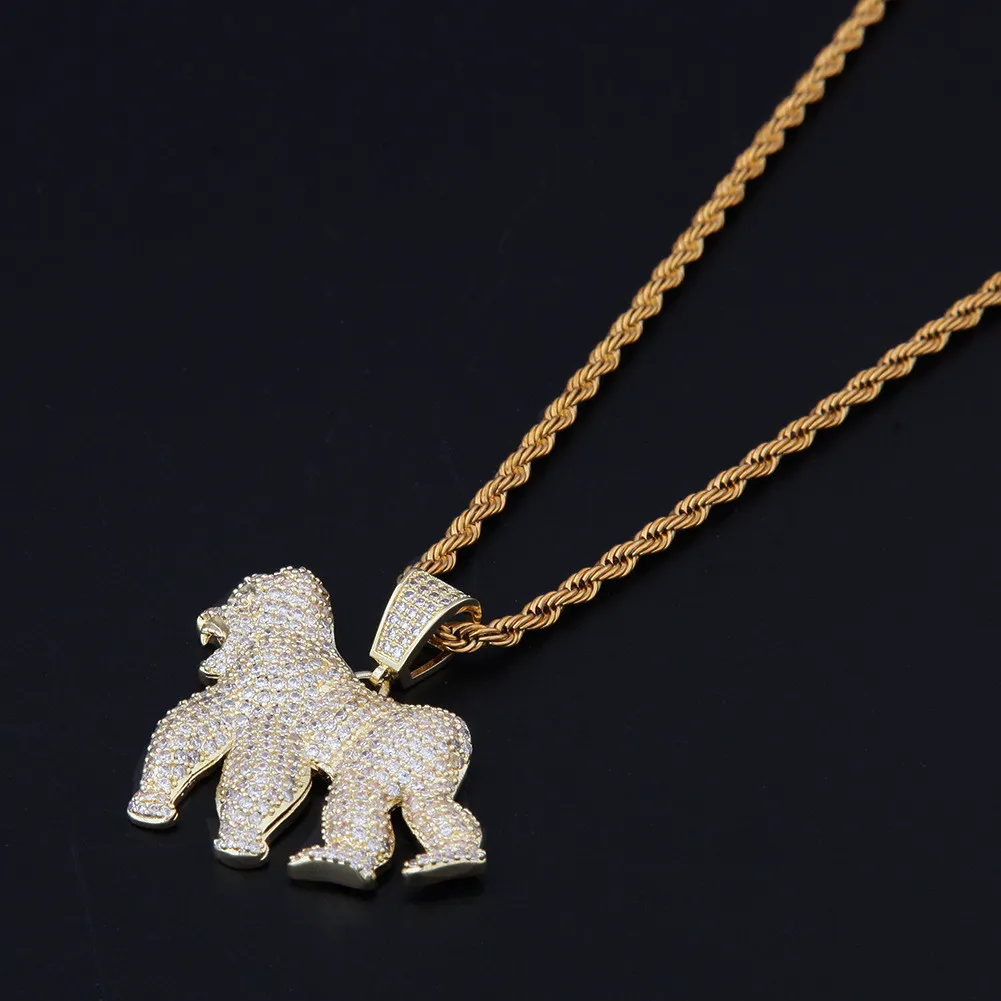 Hip Hop 14K Gold Plated Gorilla Pendant Necklace Iced Out All Zircon Brass Gold Silver Plated Charm Animal Necklace for Men Women1840