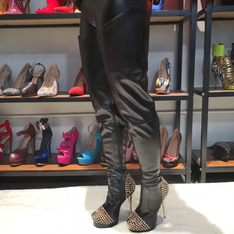 Rontic femmes sur le genou bottes talons aiguilles bottes Sexy Rivets bout pointu magnifiques chaussures noires femmes Plus taille américaine 5-15