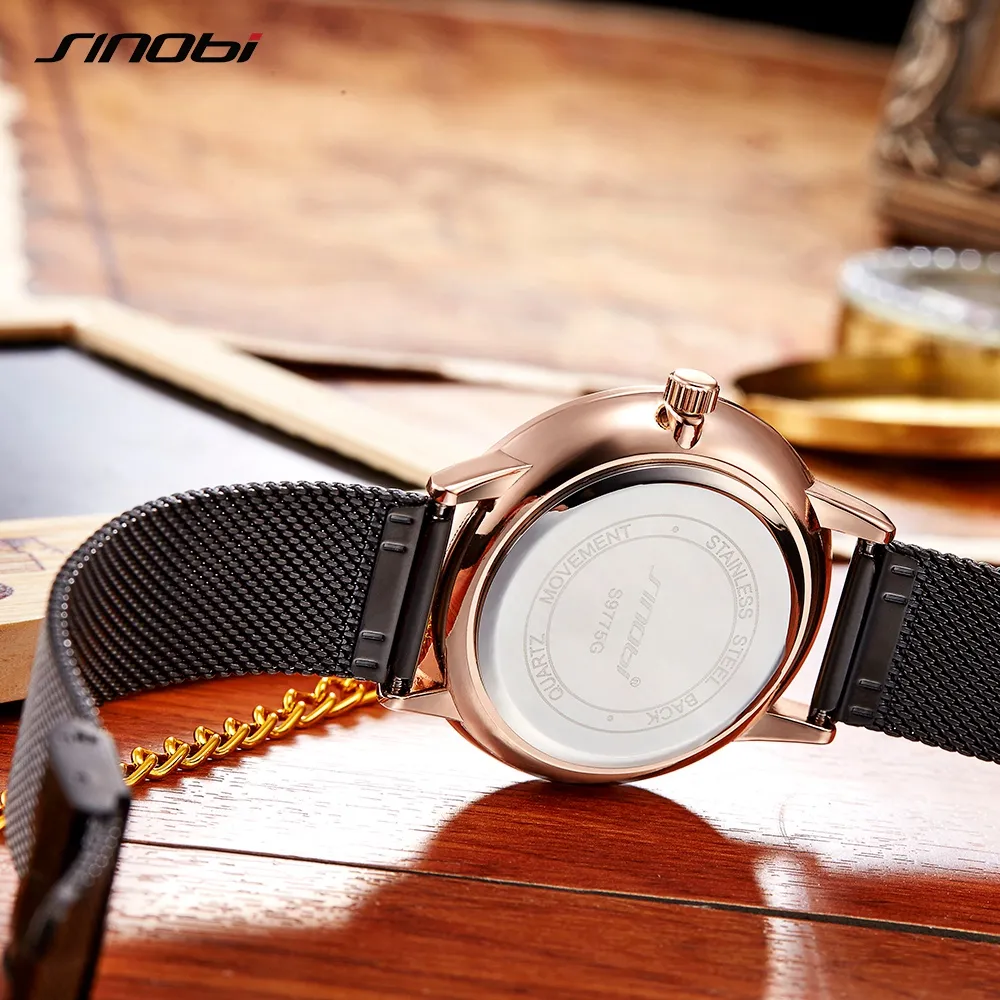 Модные кварцевые мужские часы SINOBI, лучший бренд класса люкс, бизнес, высокое качество, сплав, тонкий сетчатый ремешок, повседневные часы-неделя, календарь, Watch245R