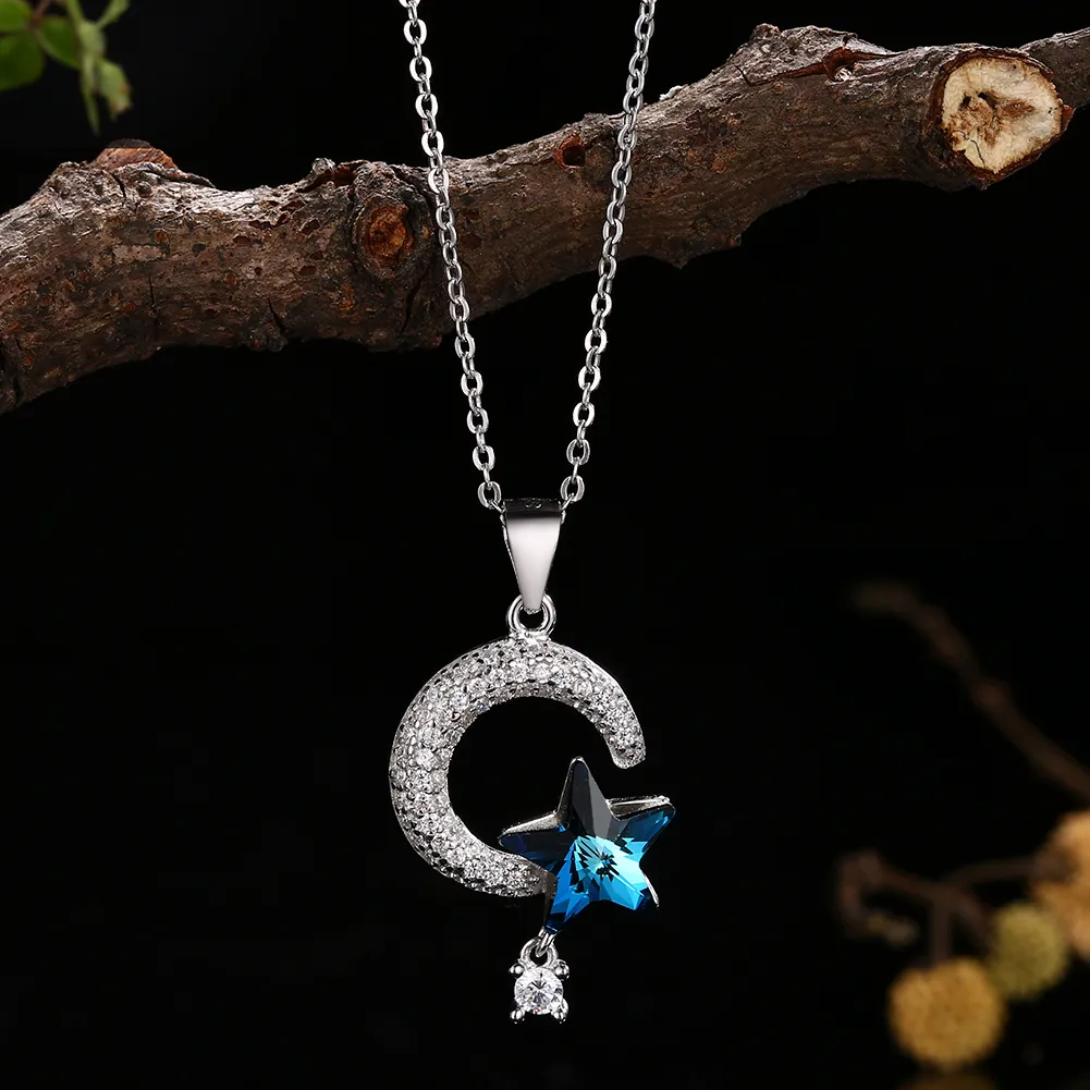 Ожерелья Starmoon Crystal из Swarovski Elements S925 Стерлинговое серебро 925 Бланг Бланг Бланг Светла Звезда Алмазное подвесное ожерелье Женщины We 342V