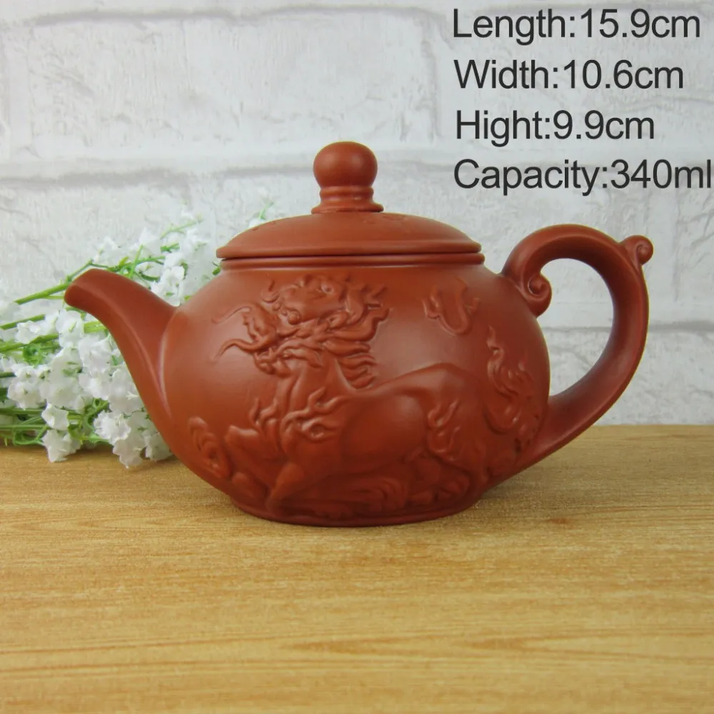 Service à thé théière 340ml, bouilloire kung fu, Dragon chinois et cheval, Pot en argile violette, service de thé noir et rouge 275F