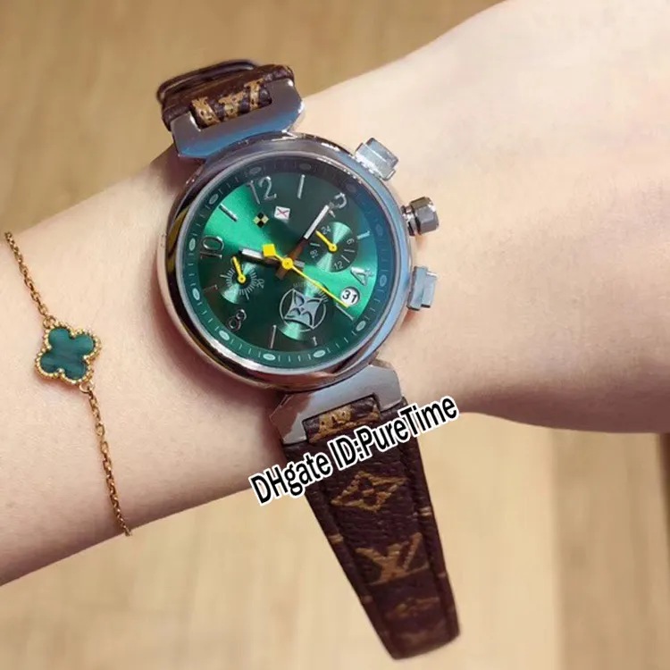 Новый Q13250 Стальной корпус Зеленый циферблат Японский кварцевый хронограф Женские часы Коричневый кожаный ремешок Женские женские часы Секундомер Puretime 219Q