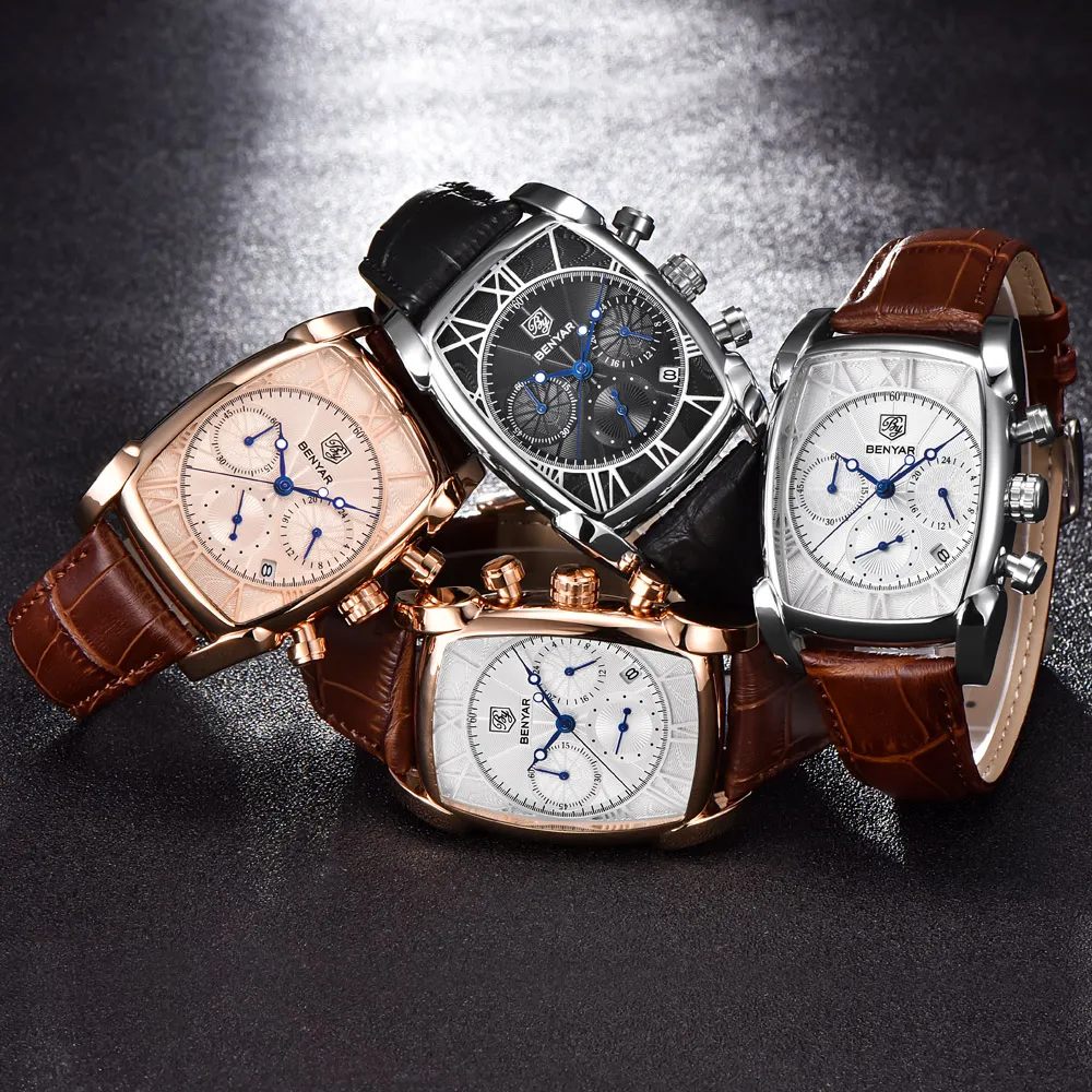 BENYAR Luxe True zes-pins quartz horloge Klassieke rechthoekige kast Sport chronograaf herenhorloges Rose goud erkek kol saati268S