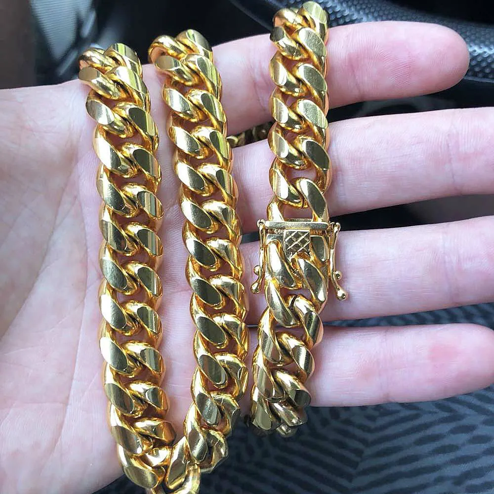 Rostfritt stål smycken 18k guld pläterad hög polerad kubansk länk halsband män 14 mm kedja draken-skägg lås 24 26 28 30280J