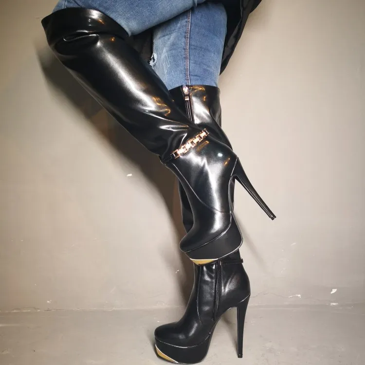 Olomm Women Platform Shiny Knee High Boots 섹시한 스틸 스틸로 하이힐 부츠 라운드 발가락 매력 검은 신발 여성 플러스 미국 크기 5-15