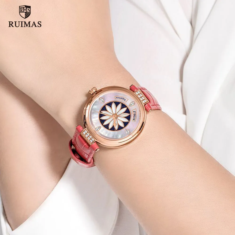 Ruimas relógios femininos de luxo pulseira de couro vermelho relógio de pulso automático flor dial relógio mecânico senhora meninas à prova dwaterproof água 6776233b