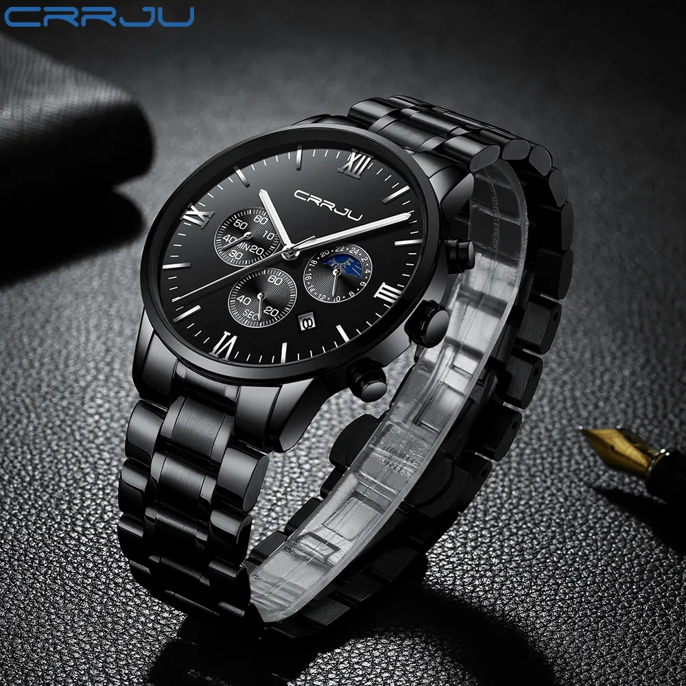 Relogio Masculino Crrju Men Luxury Full Steel Watchesファッションスポーツクォーツミリタリードレスウォッチ雄の明るい防水時計250f