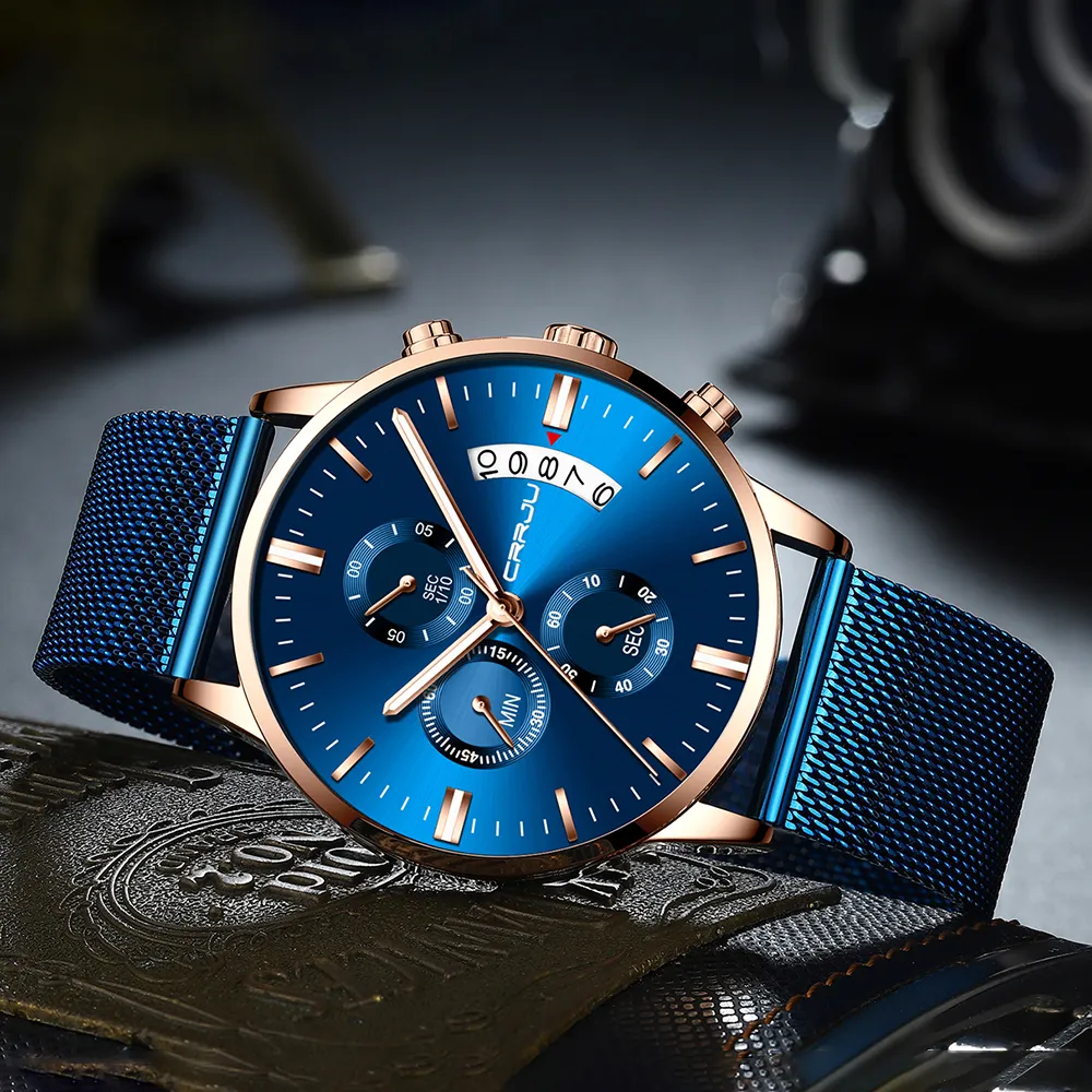 Mens Watch Crrju Top Brand Luxury Stylish Fashion Wristwatch för män full stål vattentät datum kvartsur klockor relogio masculino227c
