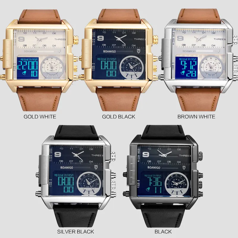 BOAMIGO brand men sports watches 3 time zone big man fashion military LED watch leather quartz wristwatches relogio masculino CJ19313w