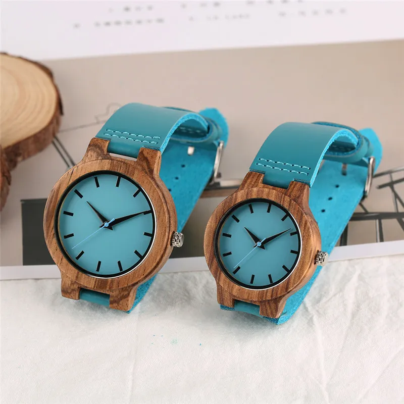Luxury Royal Blue Wood Watch Top Quartz Wristwatch 100% Natural Bamboo Clock Casual Leather Band Valentine's Day Presents for Me295T