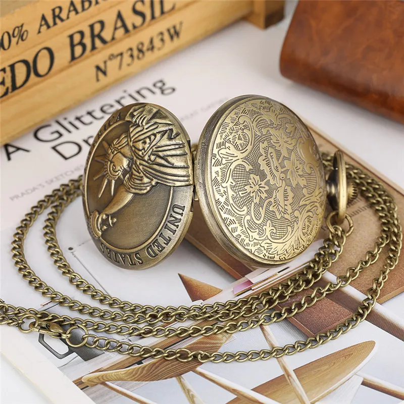 Statue Of Liberty Theme Quartz Pocket Watch Bronze Cool Full Hunter Pendant Necklace Chain Souvenir Clock for Men Women304v