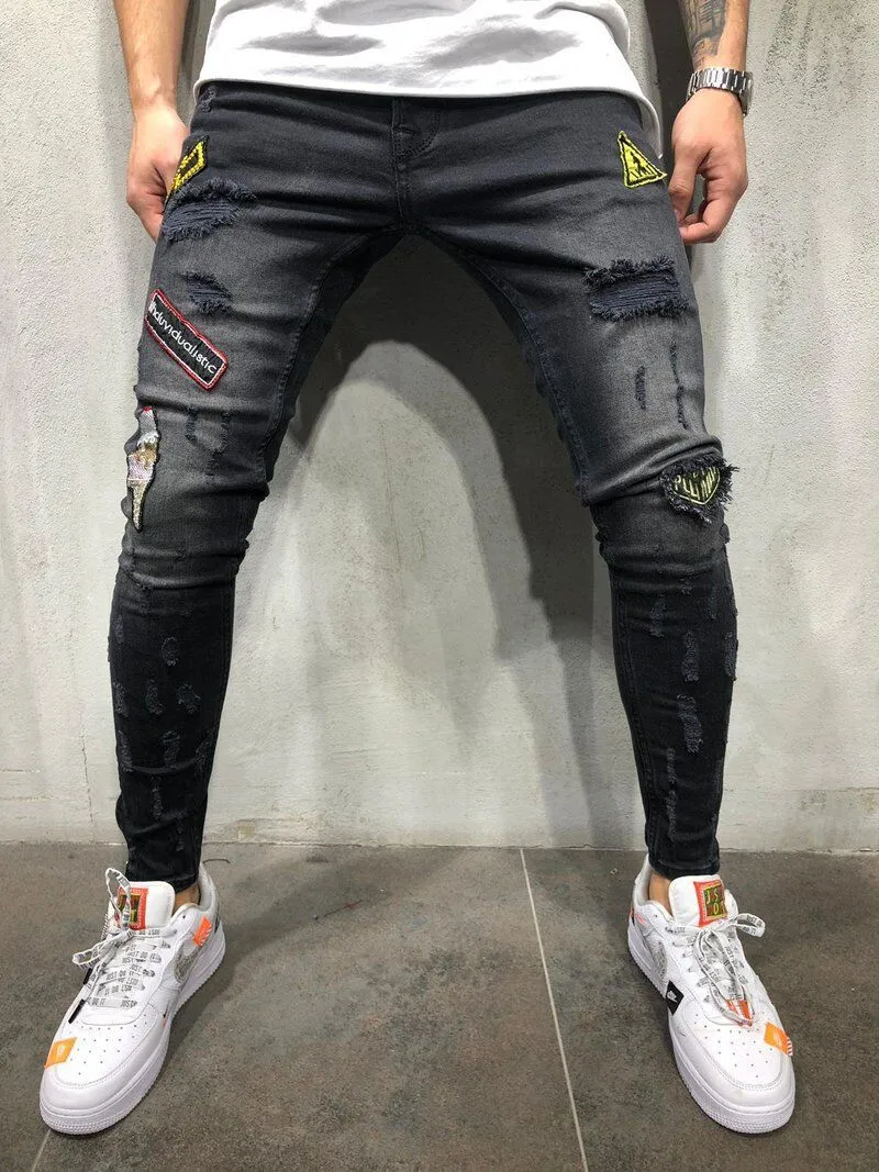 E-Baihui Mäns Jeans 2022 Europa och Förenta staterna Nya hål sträcka elastiska fötter jeans med märke etikett S-2XL