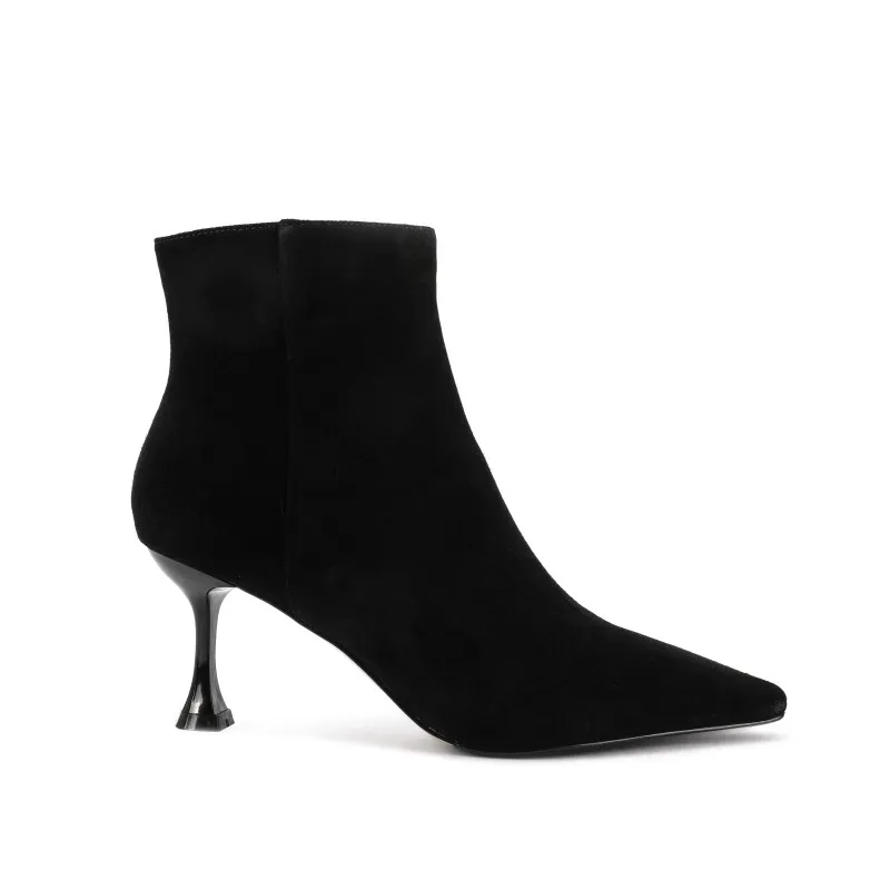 Rontic Women Leather Ankle Boots 6.8 cm Sexy High Heel Boots Chic Pointed Toe Elegant Black Beige Party Shoes Women US Size 4-8.5