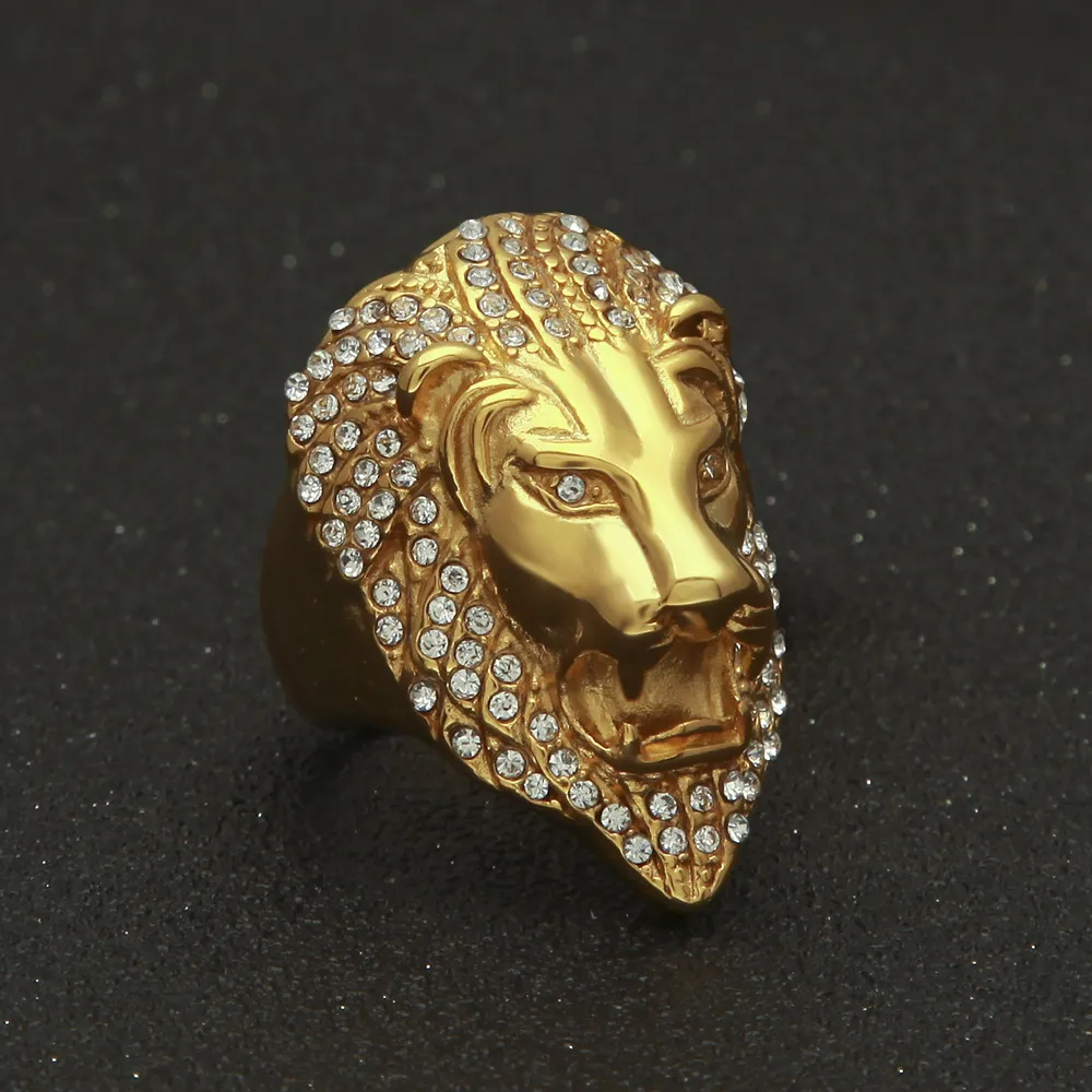 Iced out Lion head Rings For Mens Hip Hop crystal Rhinestone Gold animal Sign Rings women Rapper Hiphop Jewelry Gift324F