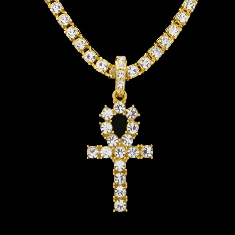 Egyptiska ankh -nyckelhalsband Mens Bling Gold Plated Chain Rhinestones Crystal Cross Iced Out Pendant för kvinnors rappare Hip HO2650