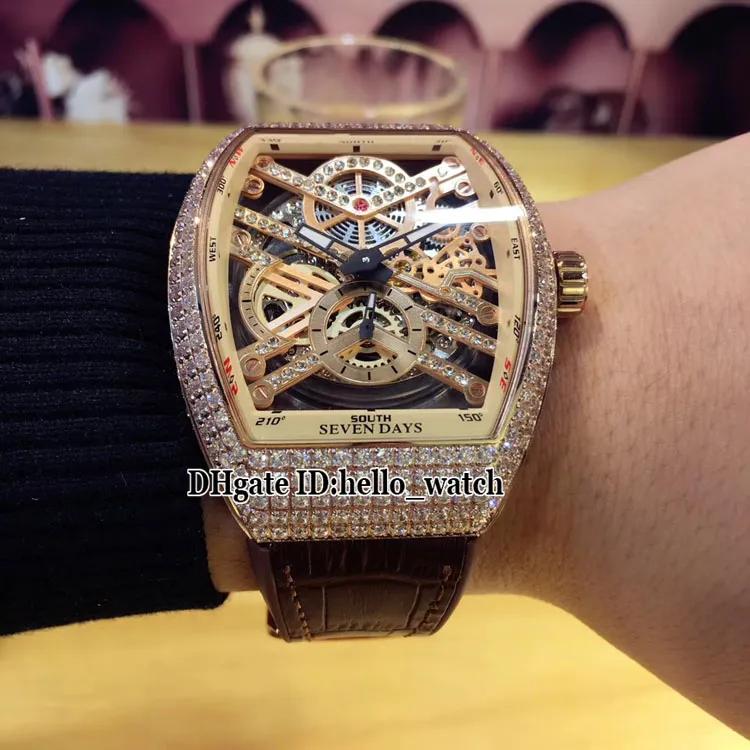 es Saratoge Vanguard V 45 T SQT Negro Hollow Skeleton Dial Matrete automático Reloj Rose Gold Diamond Case de goma de cuero W180Z